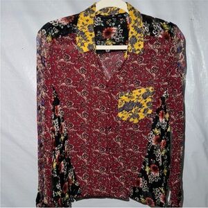 Zara Red and White Graphic Blouse with Notched Collar